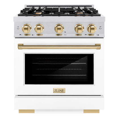ZLINE Autograph 30" 4.2 cu. ft. Select Gas Range with 4 Burner Cooktop and Convection Gas Oven in Satin Stainless Steel with White Matte Door and Polished Gold Accents, HGRSZ-WM-30-G