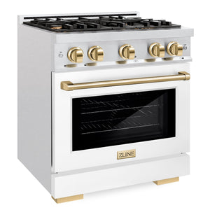 ZLINE Autograph 30" 4.2 cu. ft. Select Gas Range with 4 Burner Cooktop and Convection Gas Oven in Satin Stainless Steel with White Matte Door and Polished Gold Accents, HGRSZ-WM-30-G