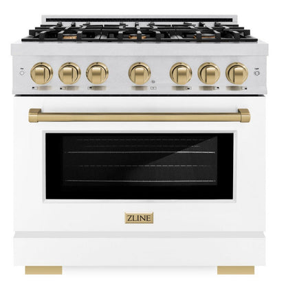 ZLINE Autograph 36" 5.2 cu. ft. Select Gas Range with 6 Burner Cooktop and Convection Gas Oven in Satin Stainless Steel with White Matte Door and Champagne Bronze Accents, HGRSZ-WM-36-CB