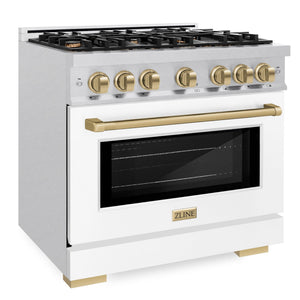 ZLINE Autograph 36" 5.2 cu. ft. Select Gas Range with 6 Burner Cooktop and Convection Gas Oven in Satin Stainless Steel with White Matte Door and Champagne Bronze Accents, HGRSZ-WM-36-CB