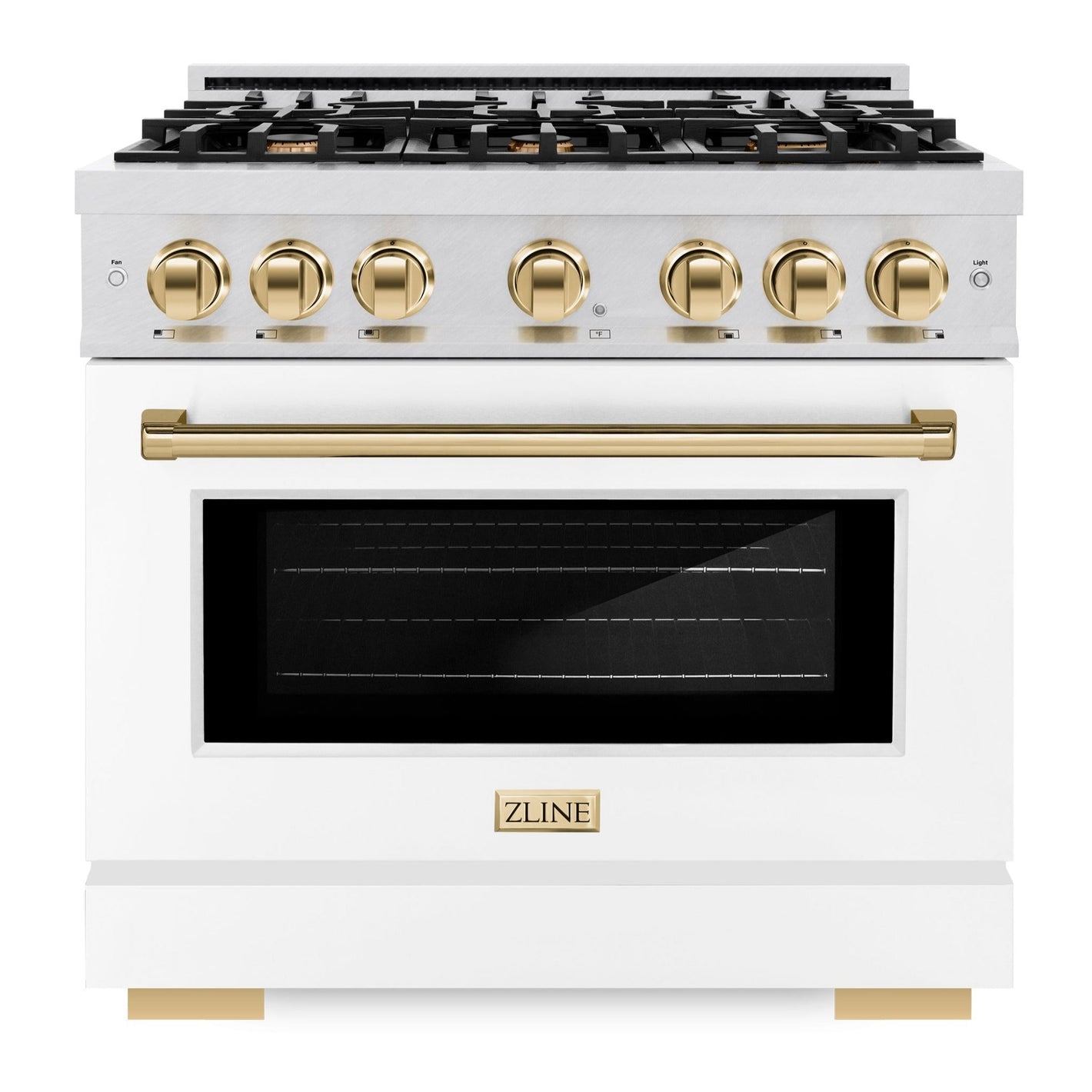 ZLINE Autograph 36" 5.2 cu. ft. Select Gas Range with 6 Burner Cooktop and Convection Gas Oven in Satin Stainless Steel with White Matte Door and Polished Gold Accents, HGRSZ-WM-36-G