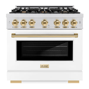 ZLINE Autograph 36" 5.2 cu. ft. Select Gas Range with 6 Burner Cooktop and Convection Gas Oven in Satin Stainless Steel with White Matte Door and Polished Gold Accents, HGRSZ-WM-36-G
