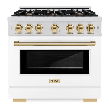 ZLINE Autograph 36" 5.2 cu. ft. Select Gas Range with 6 Burner Cooktop and Convection Gas Oven in Satin Stainless Steel with White Matte Door and Polished Gold Accents, HGRSZ-WM-36-G