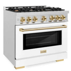 ZLINE Autograph 36" 5.2 cu. ft. Select Gas Range with 6 Burner Cooktop and Convection Gas Oven in Satin Stainless Steel with White Matte Door and Polished Gold Accents, HGRSZ-WM-36-G