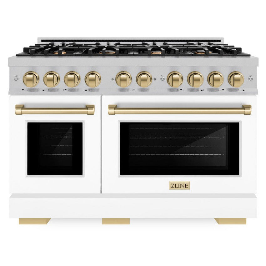 ZLINE Autograph 48" 6.7 cu. ft. Select Double Oven Gas Range with 8 Burner Cooktop in Satin Stainless Steel with White Matte Doors and Champagne Bronze Accents, HGRSZ-WM-48-CB