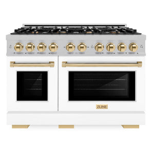 ZLINE Autograph 48" 6.7 cu. ft. Select Double Oven Gas Range with 8 Burner Cooktop in Satin Stainless Steel with White Matte Doors and Polished Gold Accents, HGRSZ-WM-48-G