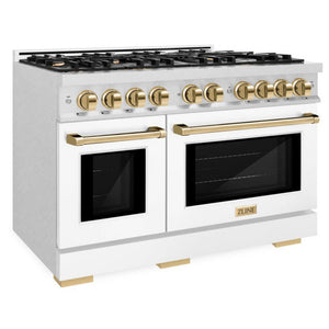 ZLINE Autograph 48" 6.7 cu. ft. Select Double Oven Gas Range with 8 Burner Cooktop in Satin Stainless Steel with White Matte Doors and Polished Gold Accents, HGRSZ-WM-48-G