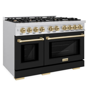 ZLINE Autograph 48" 6.7 cu. ft. Select Double Oven Dual Fuel Range with 8 Burners in Stainless Steel with Black Matte Doors and Champagne Bronze Accents, HDRZ-BLM-48-CB