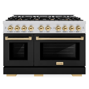 ZLINE Autograph 48" 6.7 cu. ft. Select Double Oven Dual Fuel Range with 8 Burners in Stainless Steel with Black Matte Doors and Polished Gold Accents, HDRZ-BLM-48-G