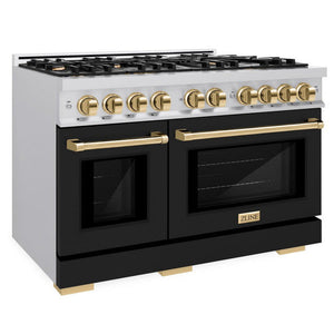 ZLINE Autograph 48" 6.7 cu. ft. Select Double Oven Dual Fuel Range with 8 Burners in Stainless Steel with Black Matte Doors and Polished Gold Accents, HDRZ-BLM-48-G
