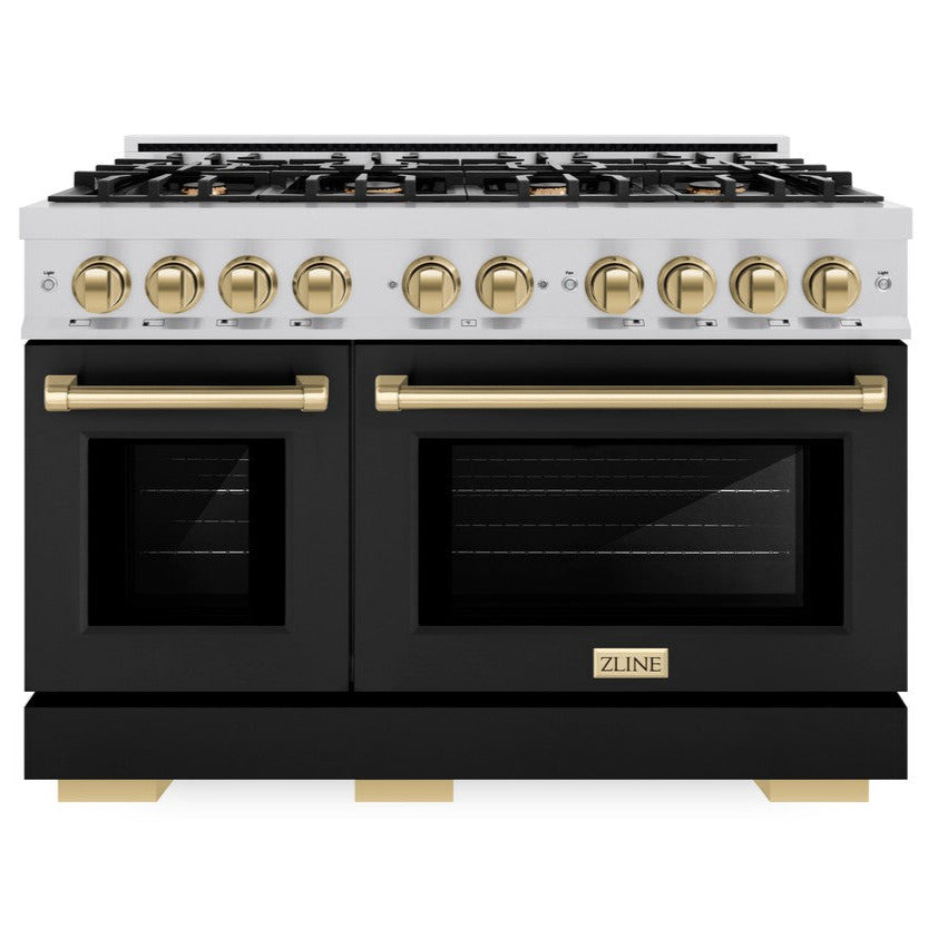 ZLINE Autograph 48" 6.7 cu. ft. Select Double Oven Gas Range with 8 Burners in Stainless Steel with Black Matte Doors and Champagne Bronze Accents, HGRZ-BLM-48-CB