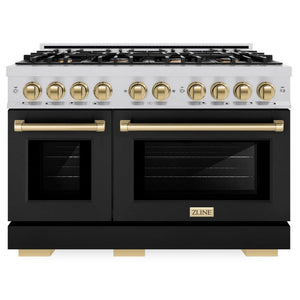ZLINE Autograph 48" 6.7 cu. ft. Select Double Oven Gas Range with 8 Burners in Stainless Steel with Black Matte Doors and Champagne Bronze Accents, HGRZ-BLM-48-CB