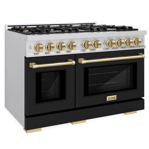 ZLINE Autograph 48" 6.7 cu. ft. Select Double Oven Gas Range with 8 Burners in Stainless Steel with Black Matte Doors and Champagne Bronze Accents, HGRZ-BLM-48-CB