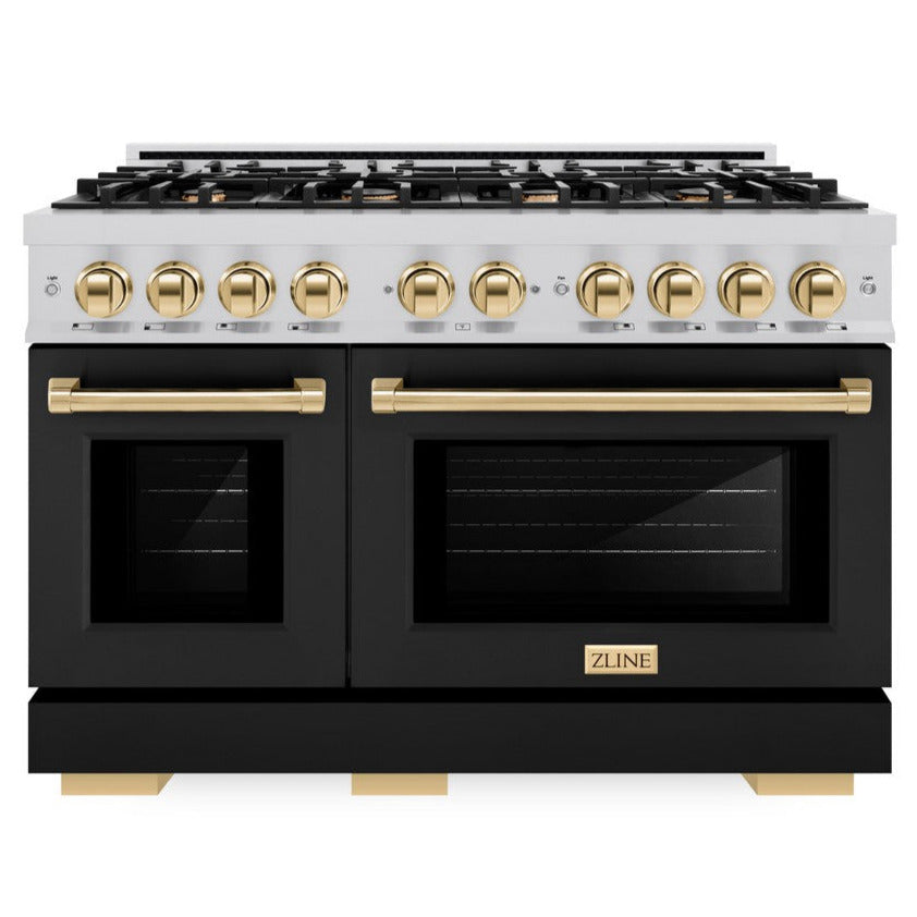 ZLINE Autograph 48" 6.7 cu. ft. Select Double Oven Gas Range with 8 Burners in Stainless Steel with Black Matte Doors and Polished Gold Accents, HGRZ-BLM-48-G