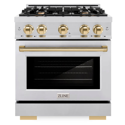 ZLINE Autograph 30" 4.2 cu. ft. Select Dual Fuel Range with 4 Burners in Stainless Steel with Polished Gold Accents, HDRZ-30-G