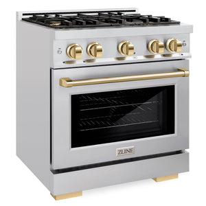ZLINE Autograph 30" 4.2 cu. ft. Select Dual Fuel Range with 4 Burners in Stainless Steel with Polished Gold Accents, HDRZ-30-G
