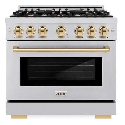 ZLINE Autograph 36" 5.2 cu. ft. Select Dual Fuel Range with 6 Burners in Stainless Steel with Polished Gold Accents, HDRZ-36-G