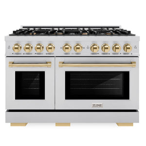 ZLINE Autograph 48" 6.7 cu. ft. Select Double Oven Dual Fuel Range with 8 Burners in Stainless Steel and Polished Gold Accents, HDRZ-48-G
