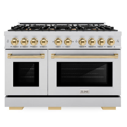 ZLINE Autograph 48" 6.7 cu. ft. Select Double Oven Dual Fuel Range with 8 Burners in Stainless Steel and Polished Gold Accents, HDRZ-48-G