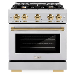ZLINE Autograph 30" 4.2 cu. ft. Select Gas Range with 4 Burners in Stainless Steel and Polished Gold Accents, HGRZ-30-G