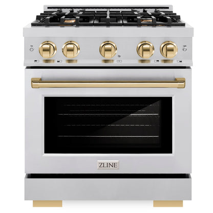 ZLINE Autograph 30" 4.2 cu. ft. Select Gas Range with 4 Burners in Stainless Steel and Polished Gold Accents, HGRZ-30-G