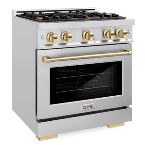ZLINE Autograph 30" 4.2 cu. ft. Select Gas Range with 4 Burners in Stainless Steel and Polished Gold Accents, HGRZ-30-G