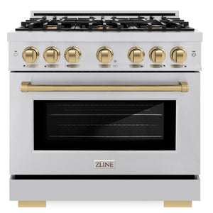 ZLINE Autograph 36" 5.2 cu. ft. Select Gas Range with 6 Burners in Stainless Steel and Champagne Bronze Accents, HGRZ-36-CB