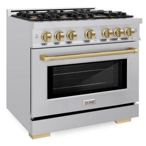 ZLINE Autograph 36" 5.2 cu. ft. Select Gas Range with 6 Burners in Stainless Steel and Champagne Bronze Accents, HGRZ-36-CB
