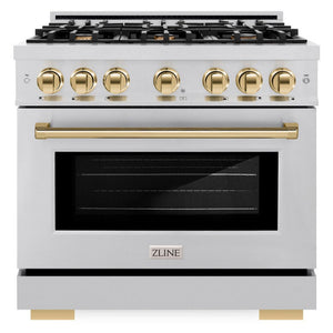 ZLINE Autograph 36" 5.2 cu. ft. Select Gas Range with 6 Burners in Stainless Steel and Polished Gold Accents, HGRZ-36-G