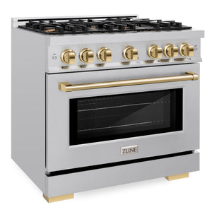 ZLINE Autograph 36" 5.2 cu. ft. Select Gas Range with 6 Burners in Stainless Steel and Polished Gold Accents, HGRZ-36-G