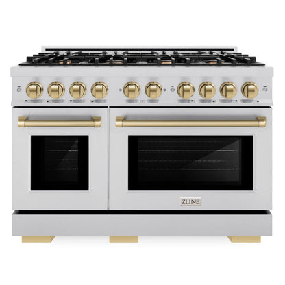 ZLINE Autograph 48" 6.7 cu. ft. Select Double Oven Gas Range with 8 Burners in Stainless Steel and Champagne Bronze Accents, HGRZ-48-CB