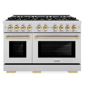 ZLINE Autograph 48" 6.7 cu. ft. Select Double Oven Gas Range with 8 Burners in Stainless Steel and Polished Gold Accents, HGRZ-48-G