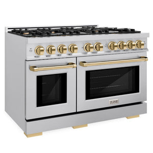 ZLINE Autograph 48" 6.7 cu. ft. Select Double Oven Gas Range with 8 Burners in Stainless Steel and Polished Gold Accents, HGRZ-48-G