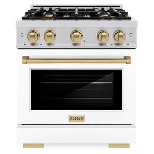 ZLINE Autograph 30" 4.2 cu. ft. Select Dual Fuel Range with 4 Burners in Stainless Steel with White Matte Door and Champagne Bronze Accents, HDRZ-WM-30-CB