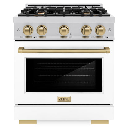 ZLINE Autograph 30" 4.2 cu. ft. Select Dual Fuel Range with 4 Burners in Stainless Steel with White Matte Door and Champagne Bronze Accents, HDRZ-WM-30-CB