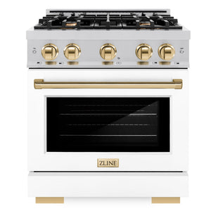 ZLINE Autograph 30" 4.2 cu. ft. Select Dual Fuel Range with 4 Burners in Stainless Steel with White Matte Door and Polished Gold Accents, HDRZ-WM-30-G