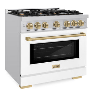 ZLINE Autograph 36" 5.2 cu. ft. Select Dual Fuel Range with 6 Burners in Stainless Steel with White Matte Door and Champagne Bronze Accents, HDRZ-WM-36-CB