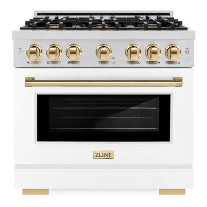 ZLINE Autograph 36" 5.2 cu. ft. Select Dual Fuel Range with 6 Burners in Stainless Steel with White Matte Door and Polished Gold Accents, HDRZ-WM-36-G
