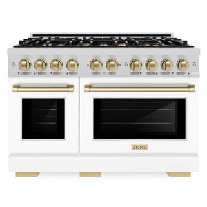 ZLINE Autograph 48" 6.7 cu. ft. Select Double Oven Dual Fuel Range with 8 Burners in Stainless Steel with White Matte Doors and Champagne Bronze Accents, HDRZ-WM-48-CB