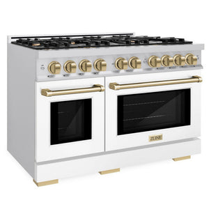 ZLINE Autograph 48" 6.7 cu. ft. Select Double Oven Dual Fuel Range with 8 Burners in Stainless Steel with White Matte Doors and Champagne Bronze Accents, HDRZ-WM-48-CB