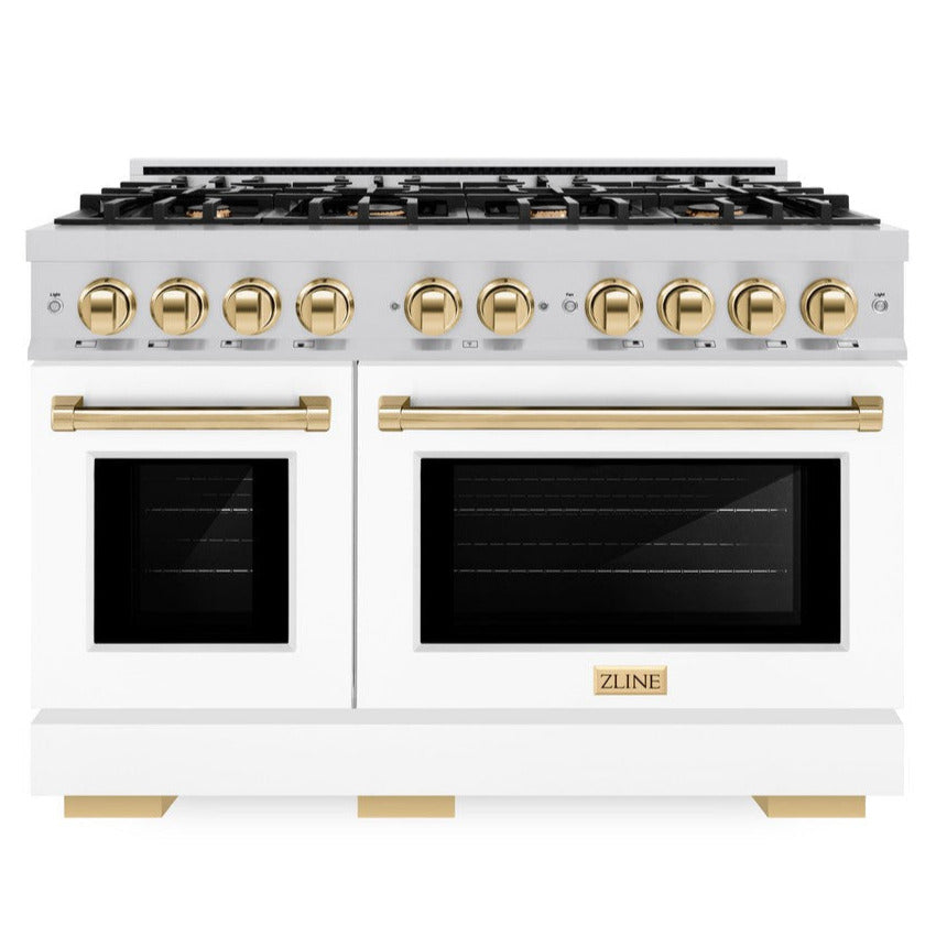 ZLINE Autograph 48" 6.7 cu. ft. Select Double Oven Dual Fuel Range with 8 Burners in Stainless Steel with White Matte Door and Polished Gold Accents, HDRZ-WM-48-G