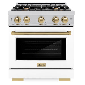 ZLINE Autograph 30" 4.2 cu. ft. Select Gas Range with 4 Burners in Stainless Steel with White Matte Door and Champagne Bronze Accents, HGRZ-WM-30-CB