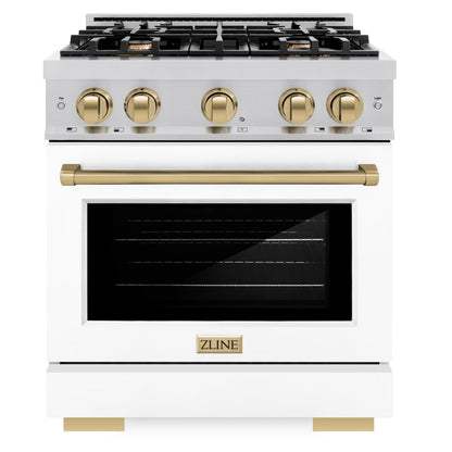ZLINE Autograph 30" 4.2 cu. ft. Select Gas Range with 4 Burners in Stainless Steel with White Matte Door and Champagne Bronze Accents, HGRZ-WM-30-CB