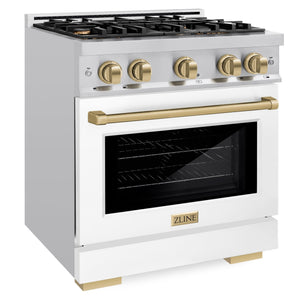 ZLINE Autograph 30" 4.2 cu. ft. Select Gas Range with 4 Burners in Stainless Steel with White Matte Door and Champagne Bronze Accents, HGRZ-WM-30-CB