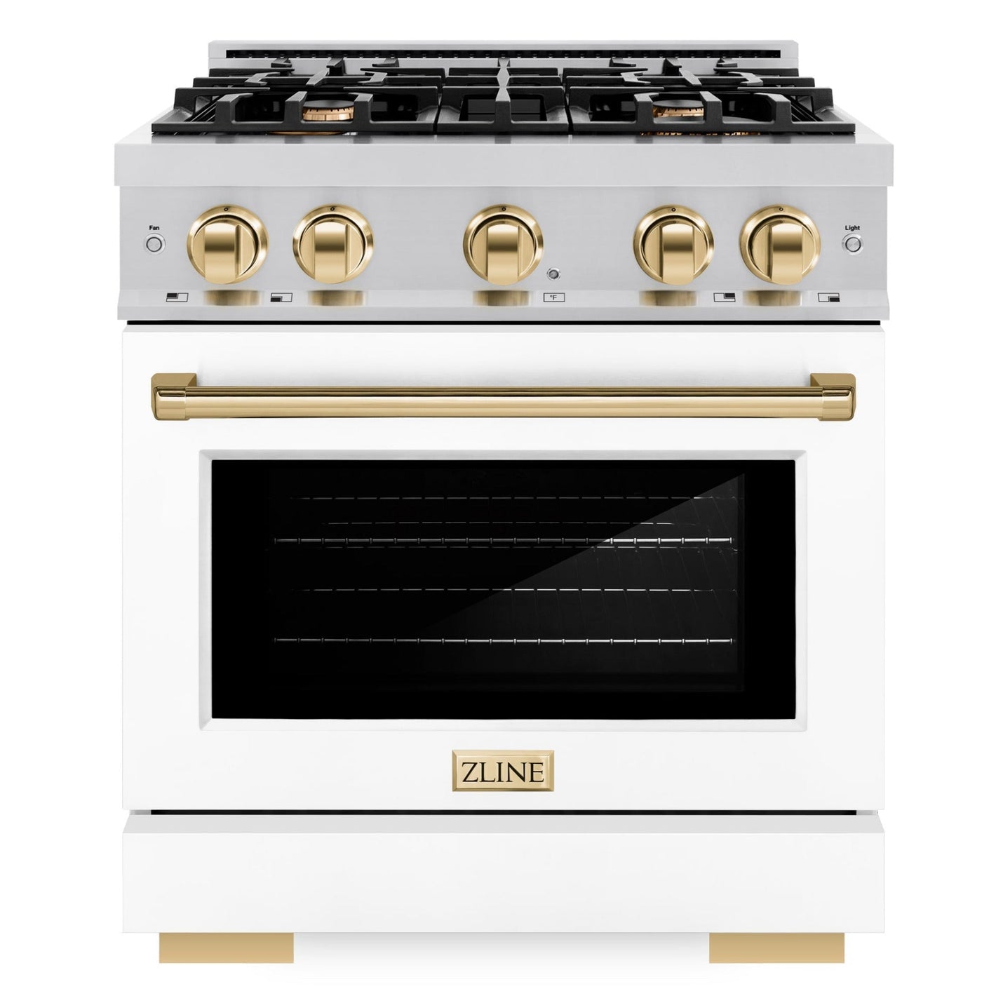ZLINE Autograph 30" 4.2 cu. ft. Select Gas Range with 4 Burners in Stainless Steel with White Matte Door and Polished Gold Accents, HGRZ-WM-30-G