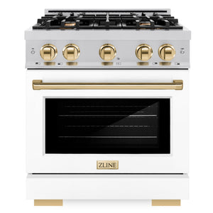 ZLINE Autograph 30" 4.2 cu. ft. Select Gas Range with 4 Burners in Stainless Steel with White Matte Door and Polished Gold Accents, HGRZ-WM-30-G