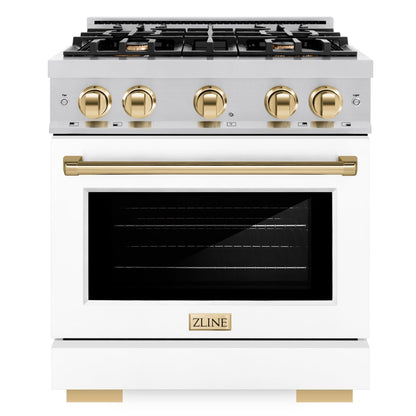 ZLINE Autograph 30" 4.2 cu. ft. Select Gas Range with 4 Burners in Stainless Steel with White Matte Door and Polished Gold Accents, HGRZ-WM-30-G