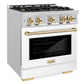 ZLINE Autograph 30" 4.2 cu. ft. Select Gas Range with 4 Burners in Stainless Steel with White Matte Door and Polished Gold Accents, HGRZ-WM-30-G