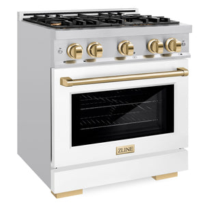 ZLINE Autograph 30" 4.2 cu. ft. Select Gas Range with 4 Burners in Stainless Steel with White Matte Door and Polished Gold Accents, HGRZ-WM-30-G