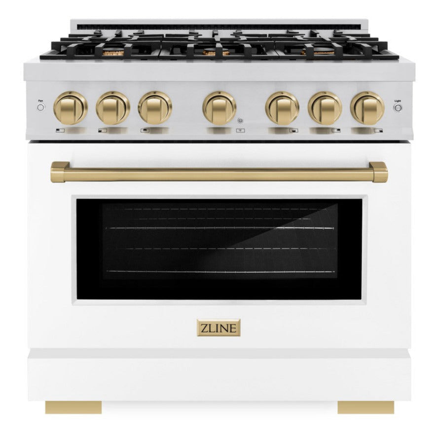 ZLINE Autograph 36" 5.2 cu. ft. Select Gas Range with 6 Burners in Stainless Steel with White Matte Door and Champagne Bronze Accents, HGRZ-WM-36-CB